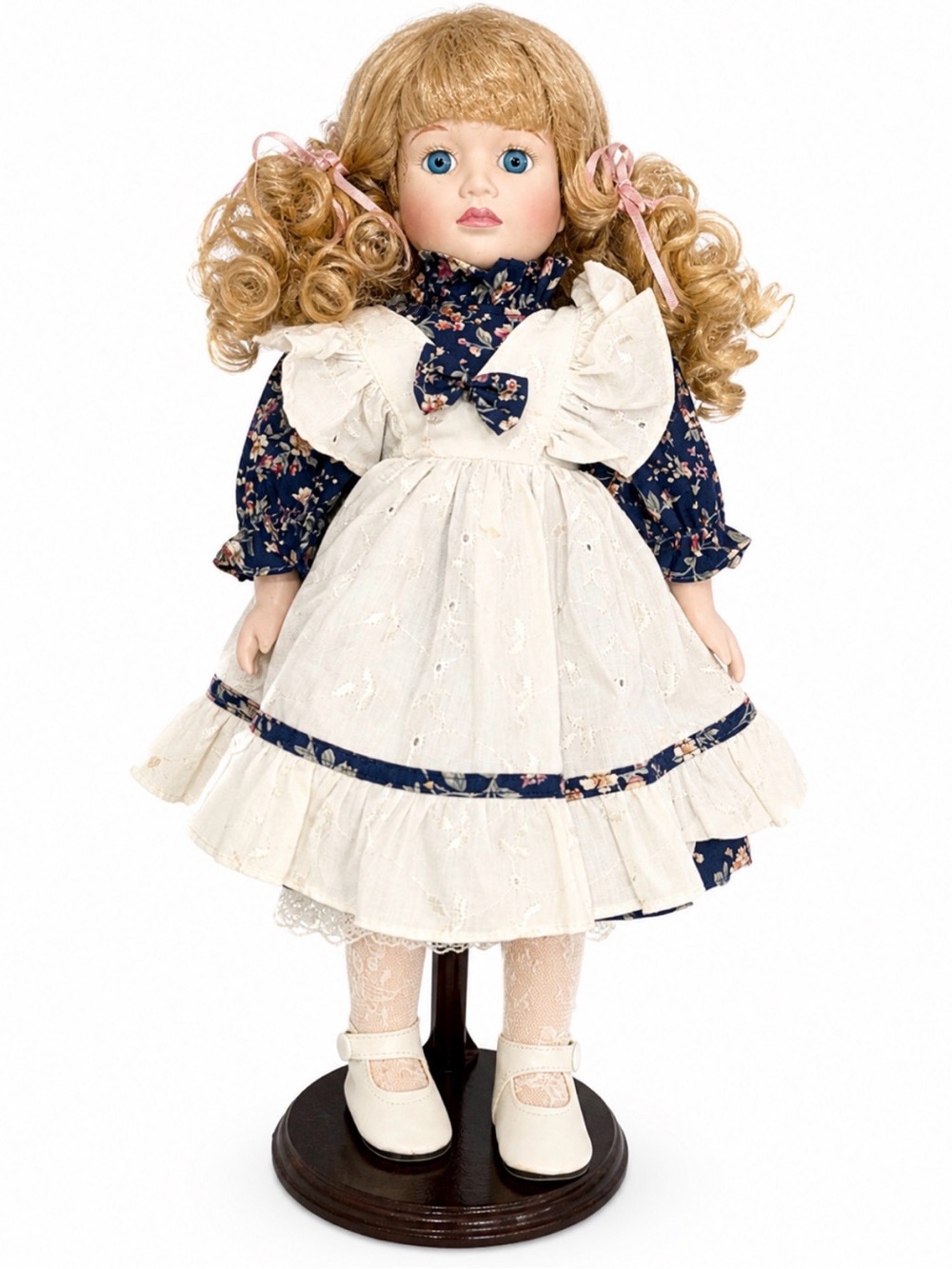 Vintage Style Porcelain Doll 18” Blonde Curly Hair Blue Eyes Lace Dress